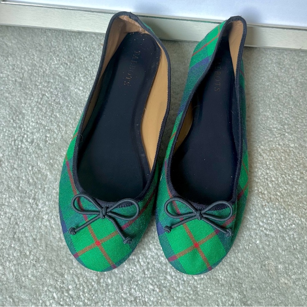 Talbots Green Plaid Flats with Bow